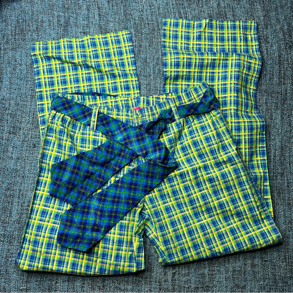 Y2K Victoria's Secret Pout Tag Plaid Pajama Pants with Tie Waist Belt Green Blue